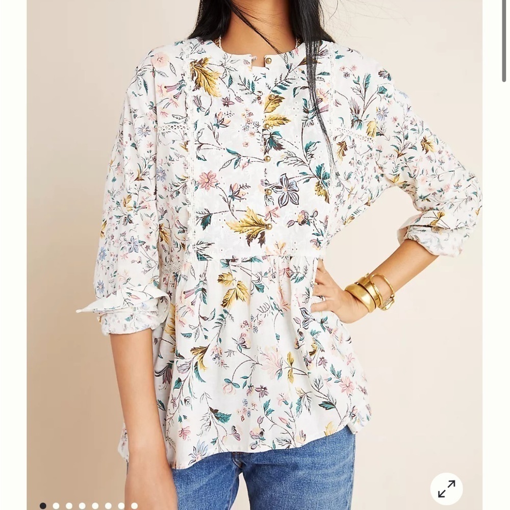 Anthropologie Ginevra Lace Babydoll Floral Blouse Top Shirt White Sz XS